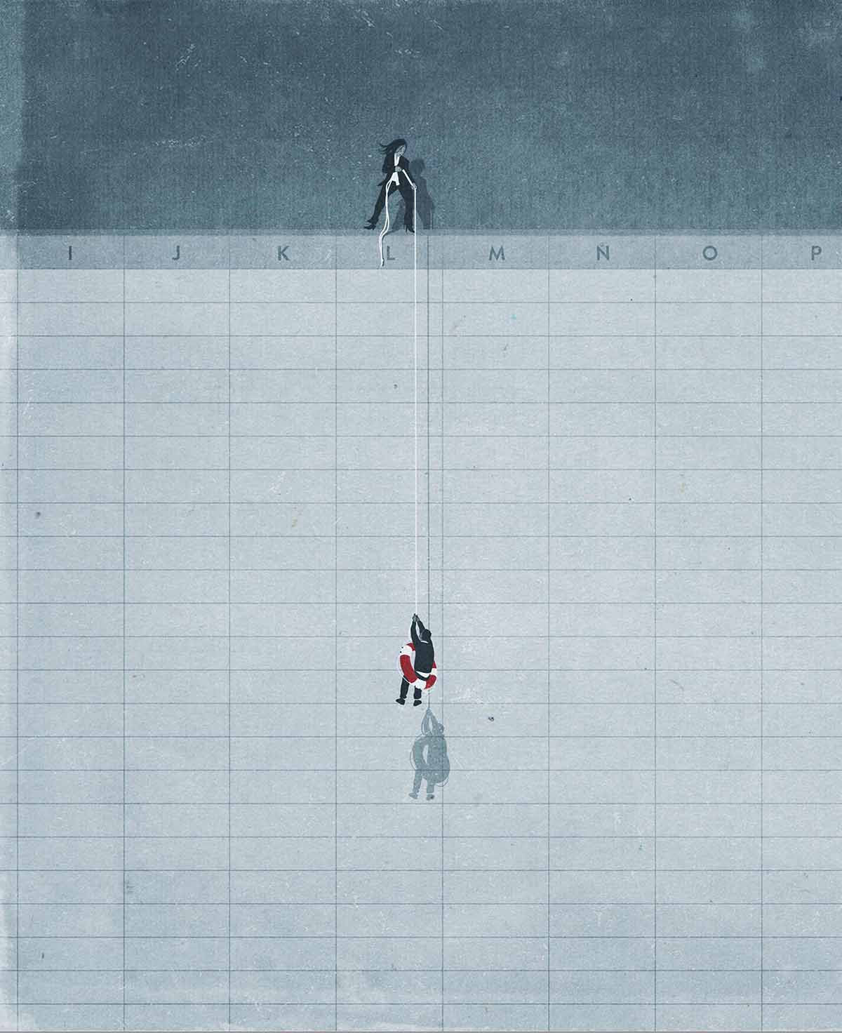 Illustration d&#39;une personne submergée par une feuille de calcul Excel, secourue par un collègue serviable.